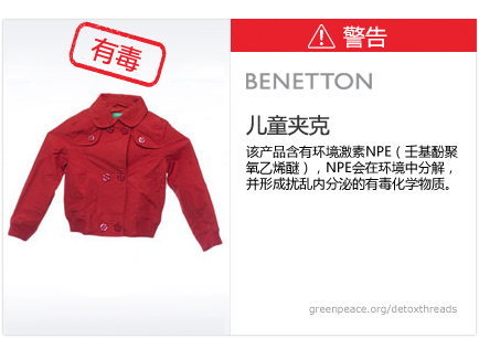 Benetton jacket: This product contains nonylphenol ethoxylates, which break down in the environment to form toxic, hormone-disrupting chemicals.