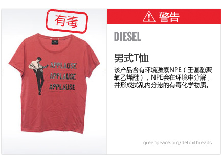 Diesel t-shirt: This product contains nonylphenol ethoxylates, which break down in the environment to form toxic, hormone-disrupting chemicals.