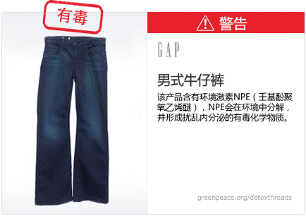 Gap jeans: This product contains nonylphenol ethoxylates, which break down in the environment to form toxic, hormone-disrupting chemicals.