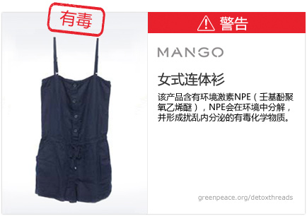 Mango rumper suit: This product contains nonylphenol ethoxylates, which break down in the environment to form toxic, hormone-disrupting chemicals.