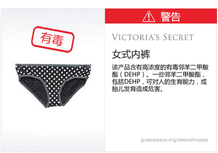 Victoria's Secret underwear: This product contains a high level of a toxic phthalate (DEHP). Some phthalates, including DEHP, may damage fertility or may damage the unborn child.