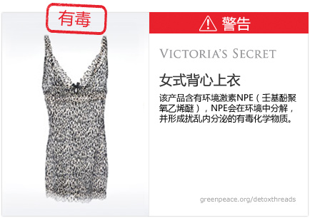 Victoria's Secret camisole top: This product contains nonylphenol ethoxylates, which break down in the environment to form toxic, hormone-disrupting chemicals.