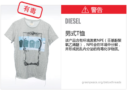 Diesel t-shirt: This product contains nonylphenol ethoxylates, which break down in the environment to form toxic, hormone-disrupting chemicals.