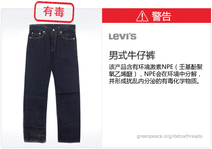 Levi's jeans: This product contains nonylphenol ethoxylates, which break down in the environment to form toxic, hormone-disrupting chemicals.