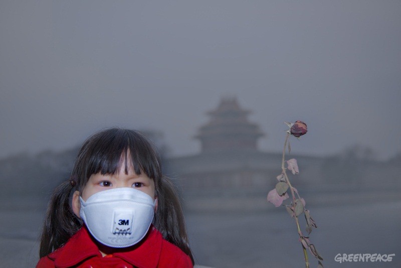 北京 故宫角楼 小女孩在污染的空气中