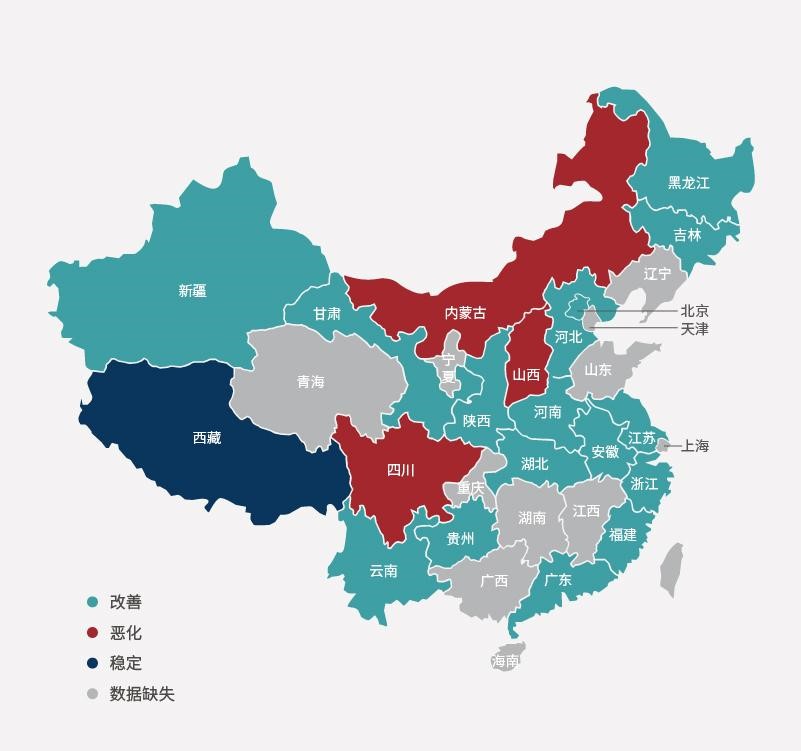 2011-2015年中国各省地表水环境质量变化情况